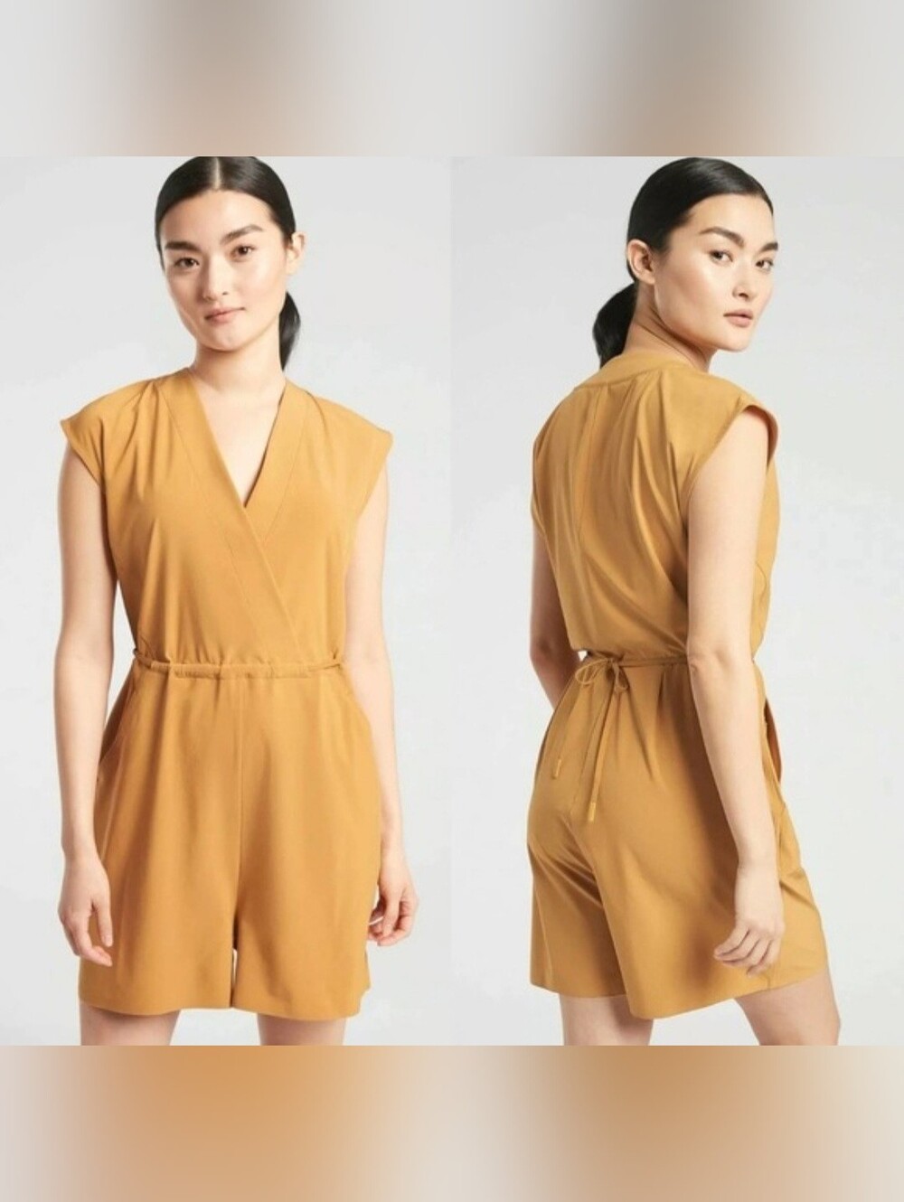 Athleta Mustard Wrap-Front Sleeveless Romper